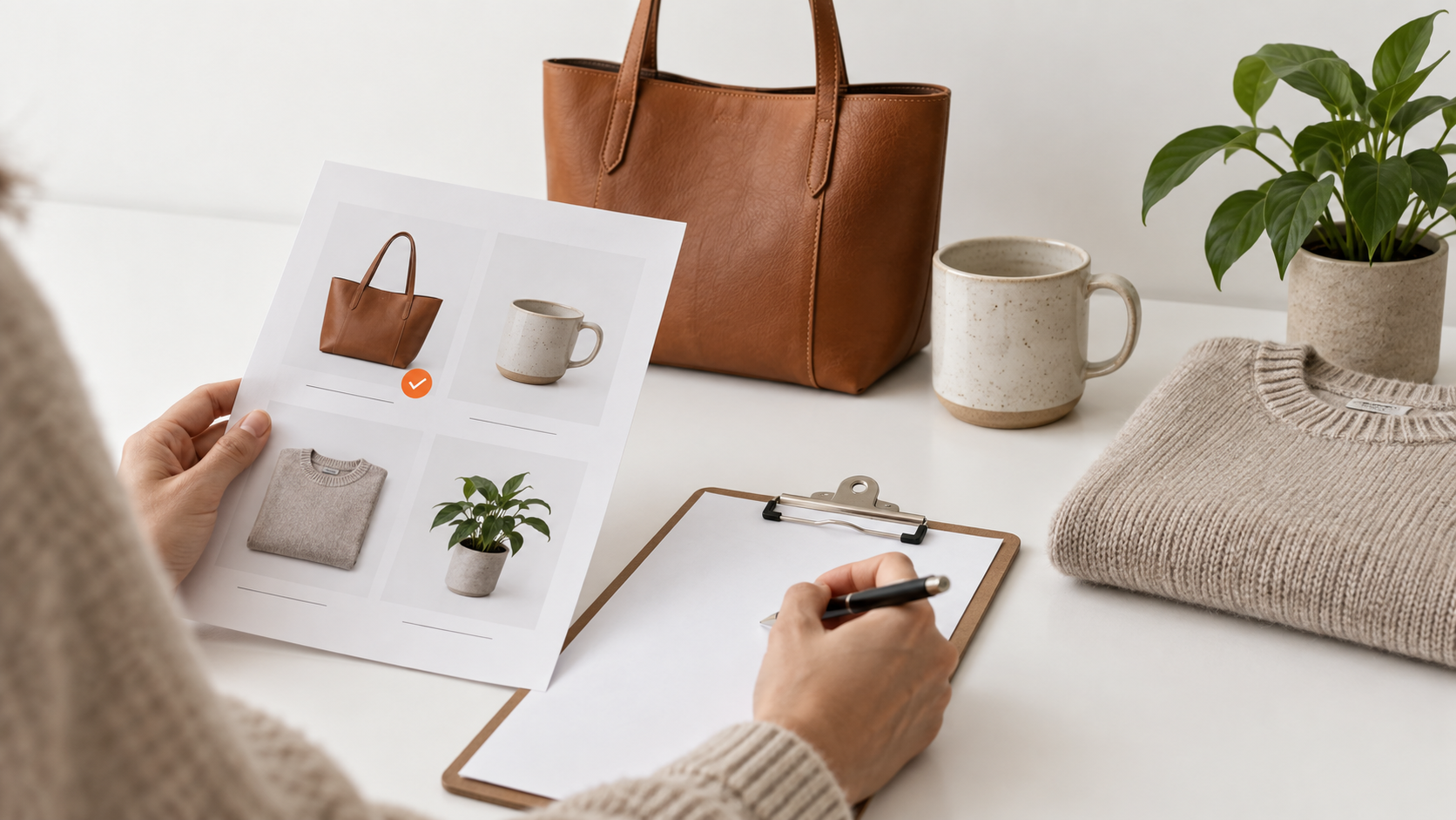 A shopper checking real retail products against a catalog and blank checklist