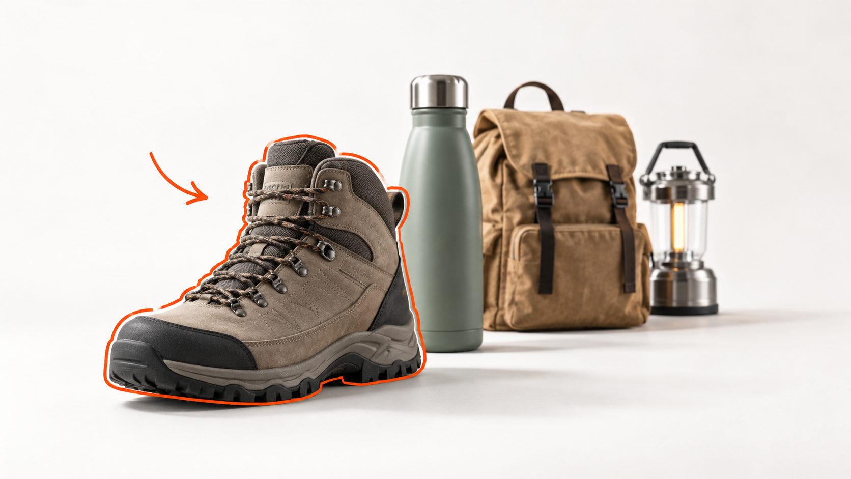 Outdoor retail products arranged in a ranked selection marked by a coral outline