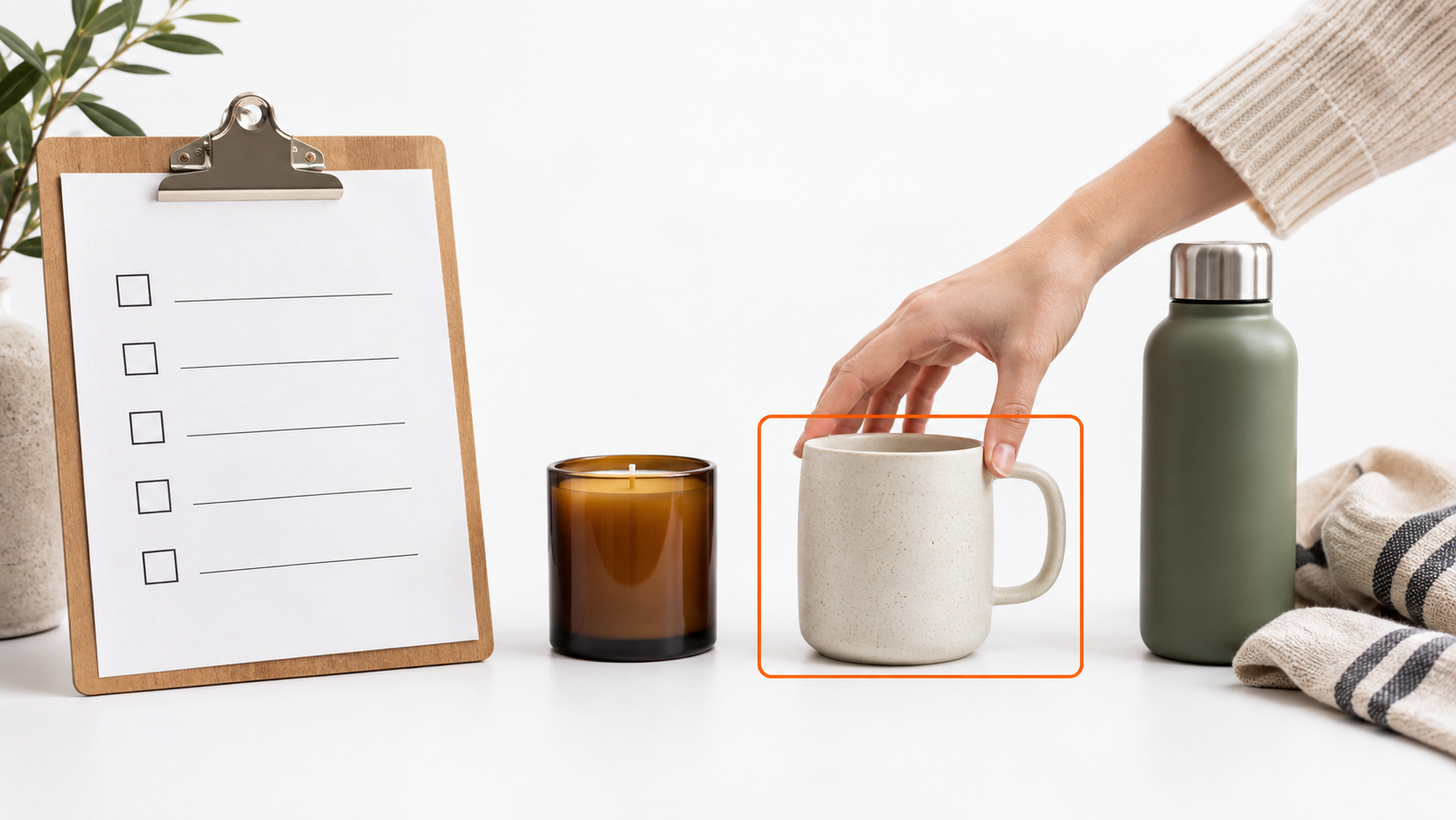 A hand selecting a retail product beside a blank evaluation checklist