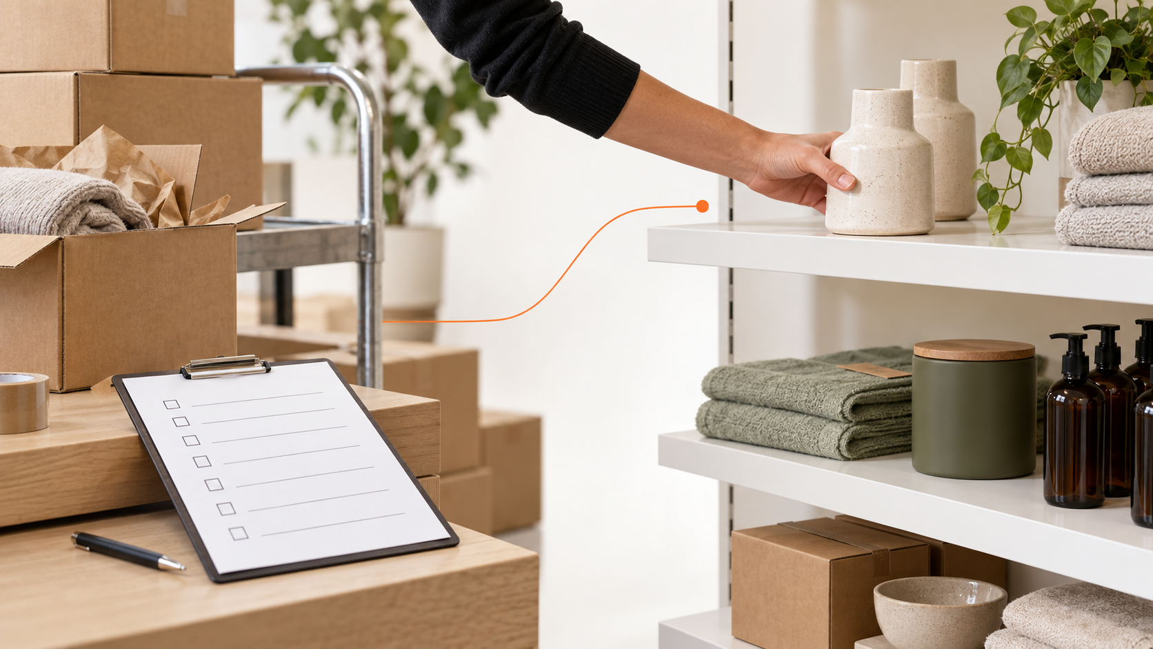 A retail worker moving a product from warehouse stock to a display shelf