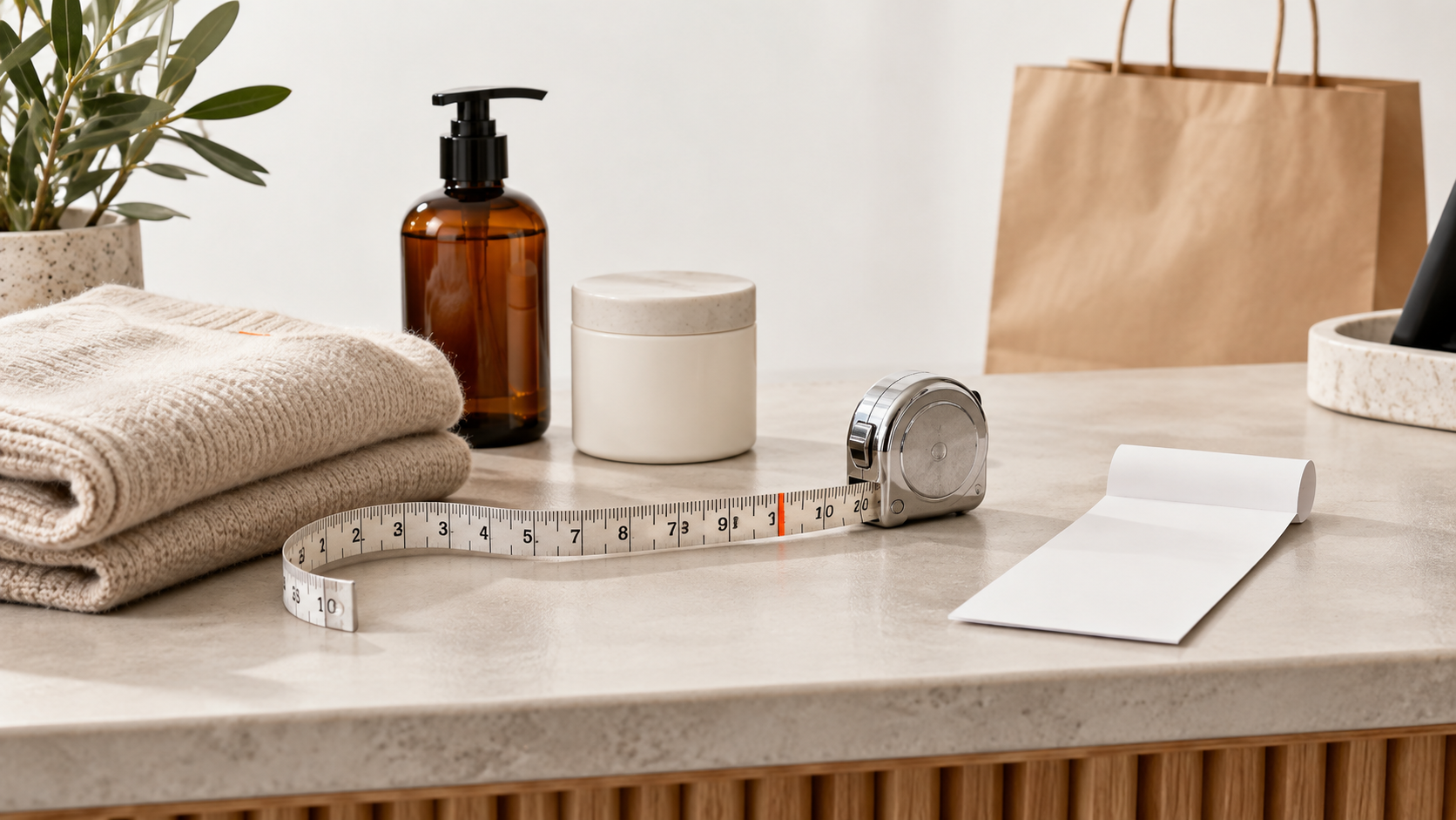 A retail counter with products, a measuring tape, and a blank order slip