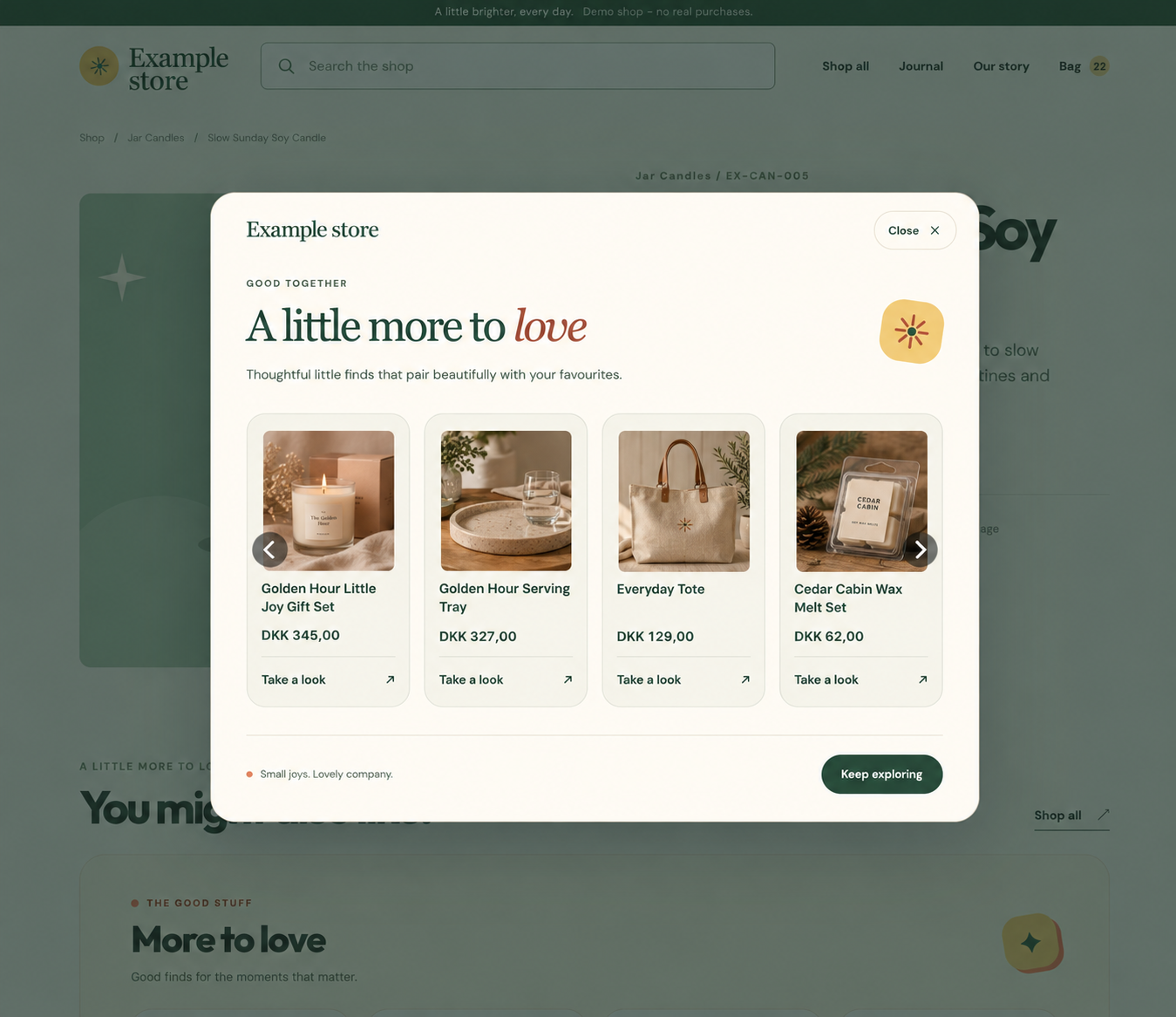 An after-add-to-cart popup recommending complementary products in an ecommerce webshop