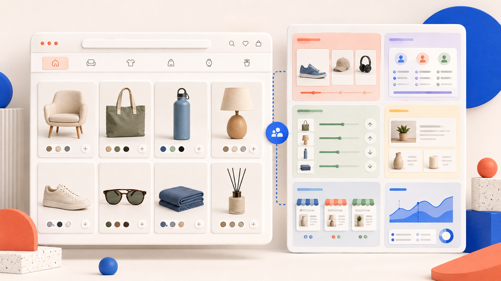 A Magento 2 product grid connected to personalisation controls for recommendations, audiences, content, store views, and analytics