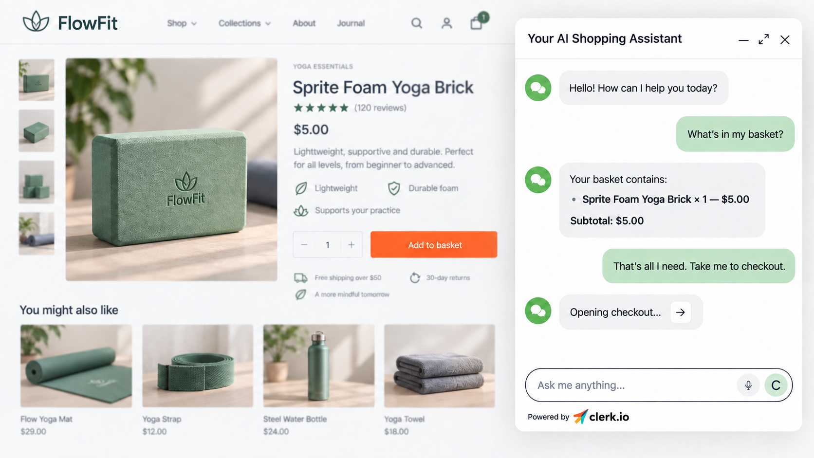 Clerk.io Chat checks the shopper's basket and opens the webshop checkout flow