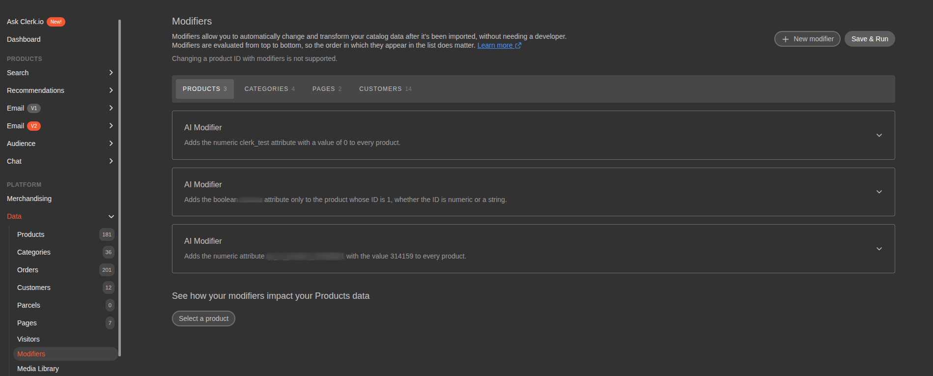 The Clerk.io Modifiers interface with navigation for selecting different data types