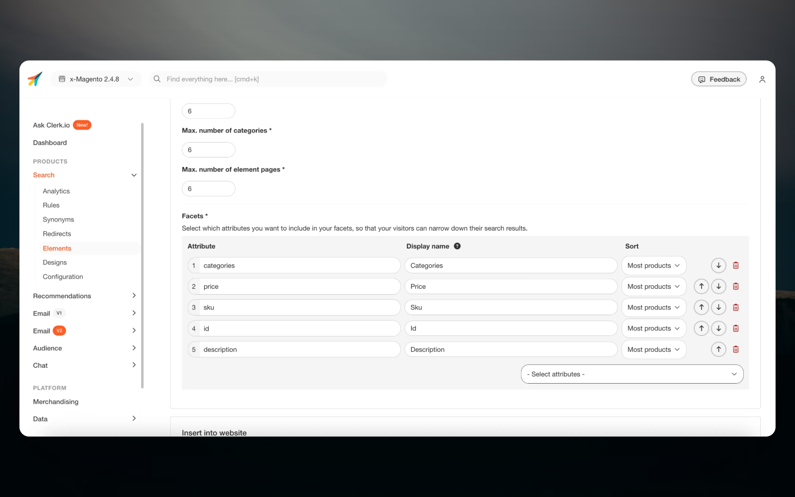 Facet sorting options in a Clerk.io Search element in MyClerk