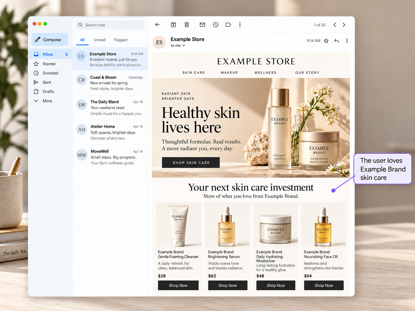 A beauty retail email recommending skincare from the customer's preferred brand