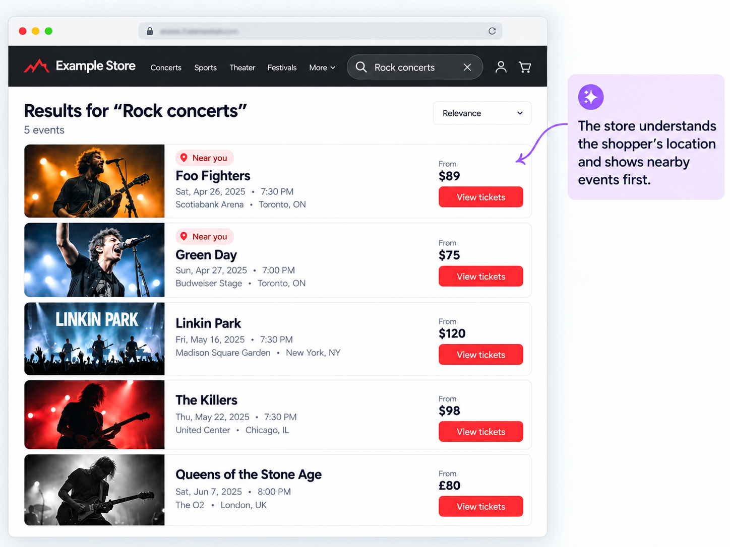 Rock concert search results prioritizing events near the identified customer's location