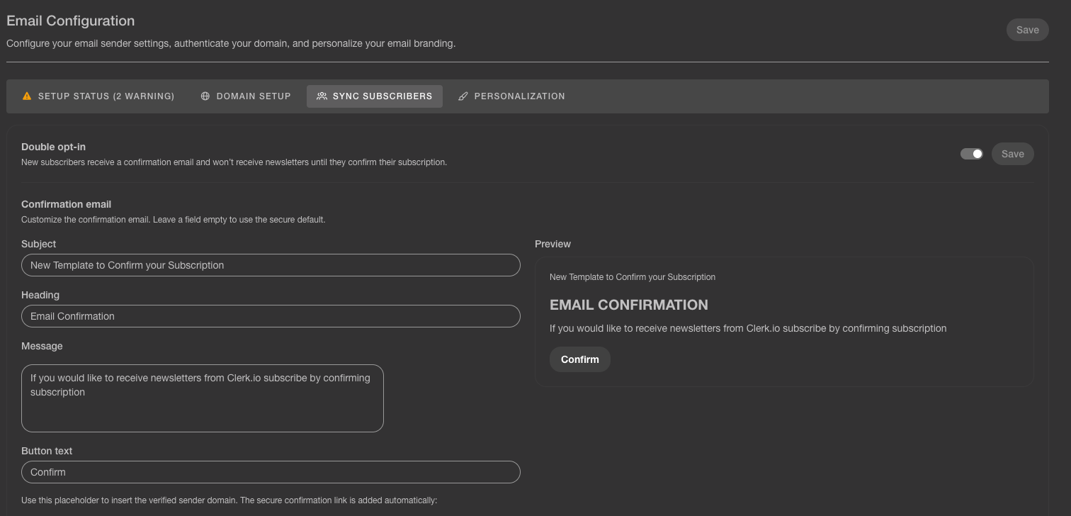 Double opt-in settings under Email Configuration in Clerk.io
