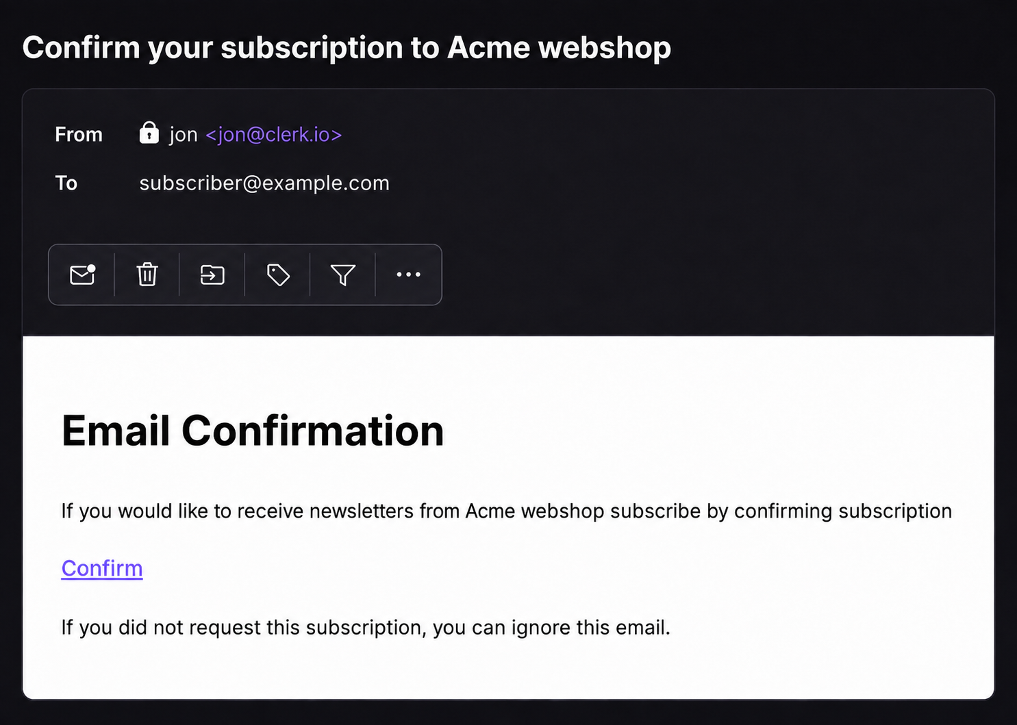 Double opt-in confirmation email received by a subscriber