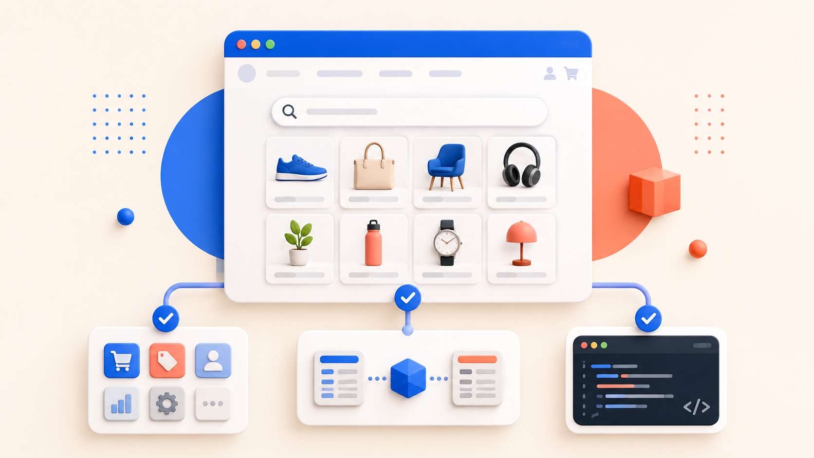 An ecommerce search interface connected to an app, product data feed, and code integration with completed setup checks