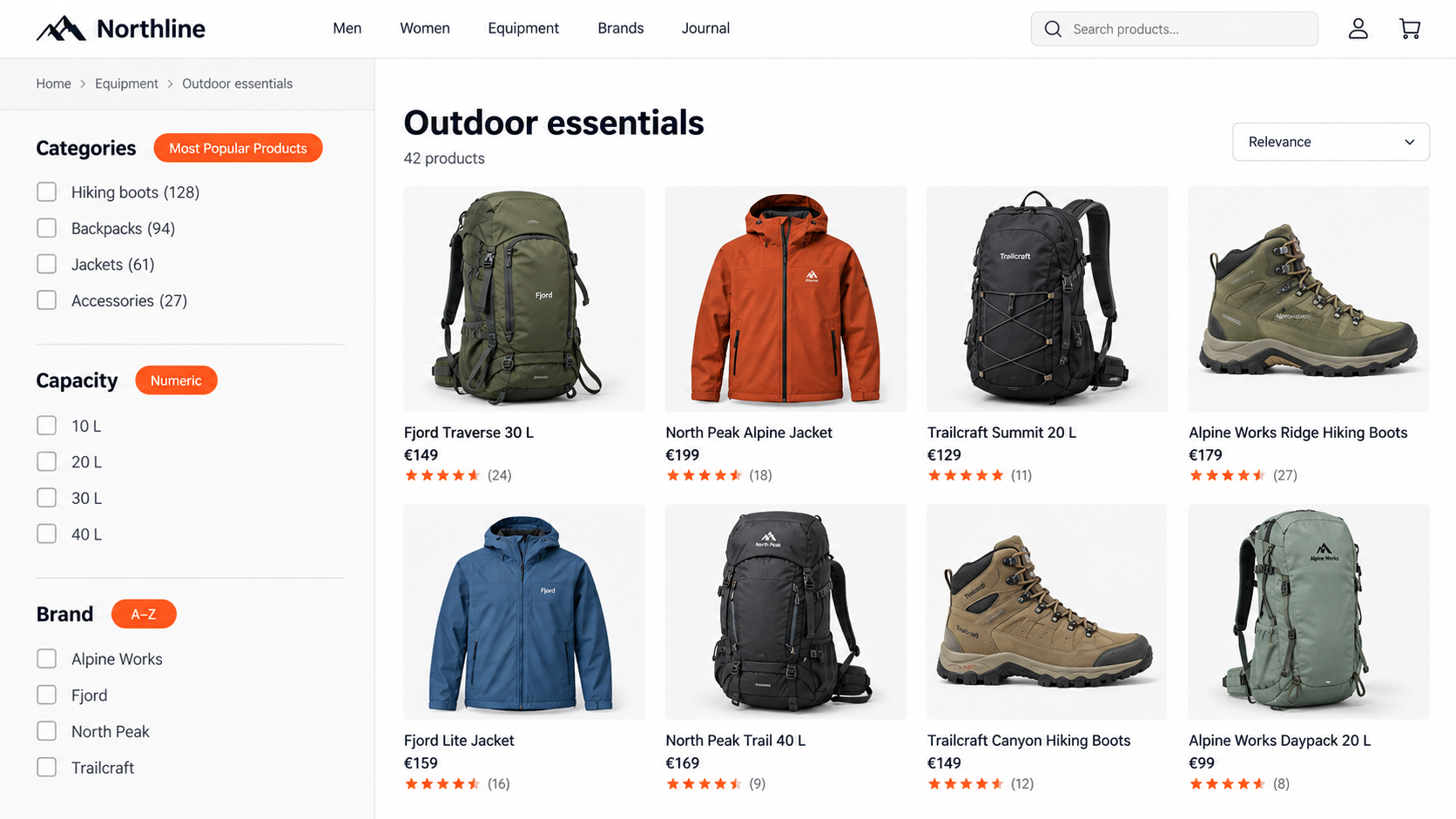 An ecommerce category page showing facet values sorted by product popularity, numeric value, and alphabetical order
