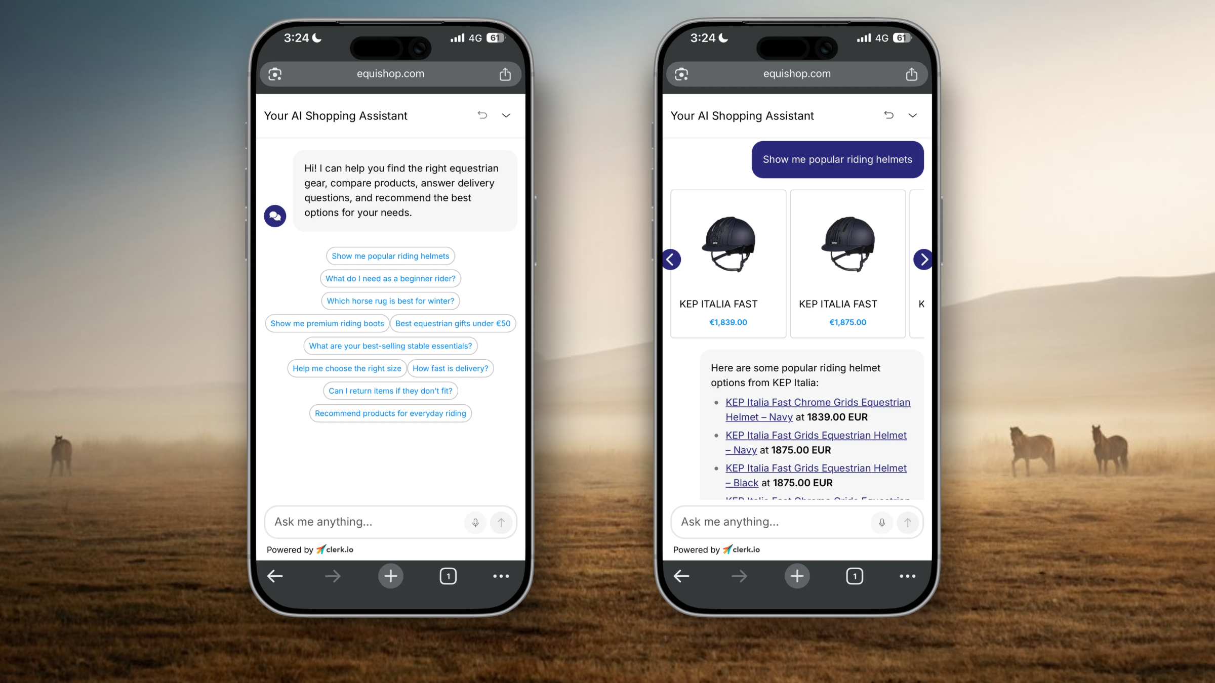 Equishop's Clerk.io Chat suggests riding helmet options to a shopper