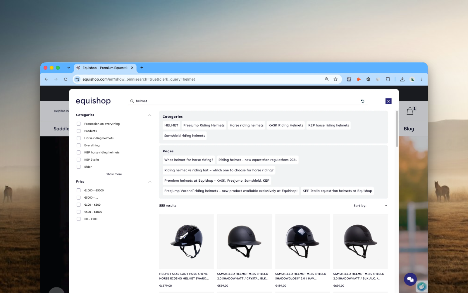 Equishop Search results for riding helmets, with category, page and product suggestions