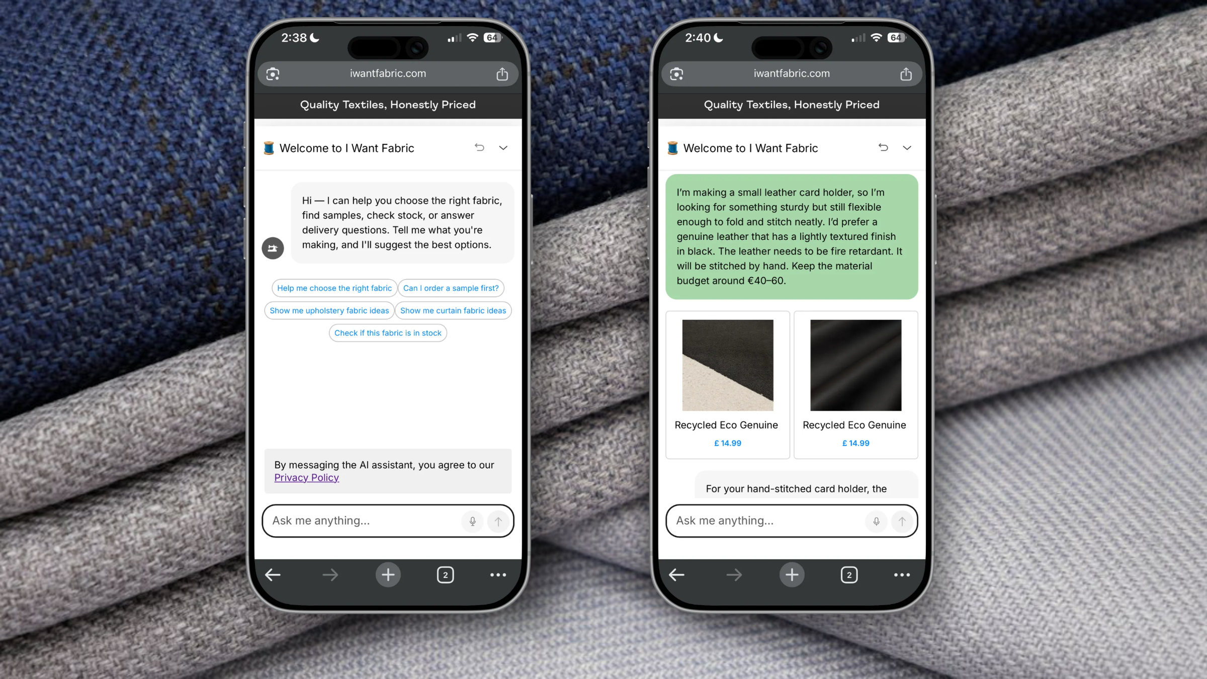 I Want Fabric's Clerk.io Chat guiding a shopper to fabric options