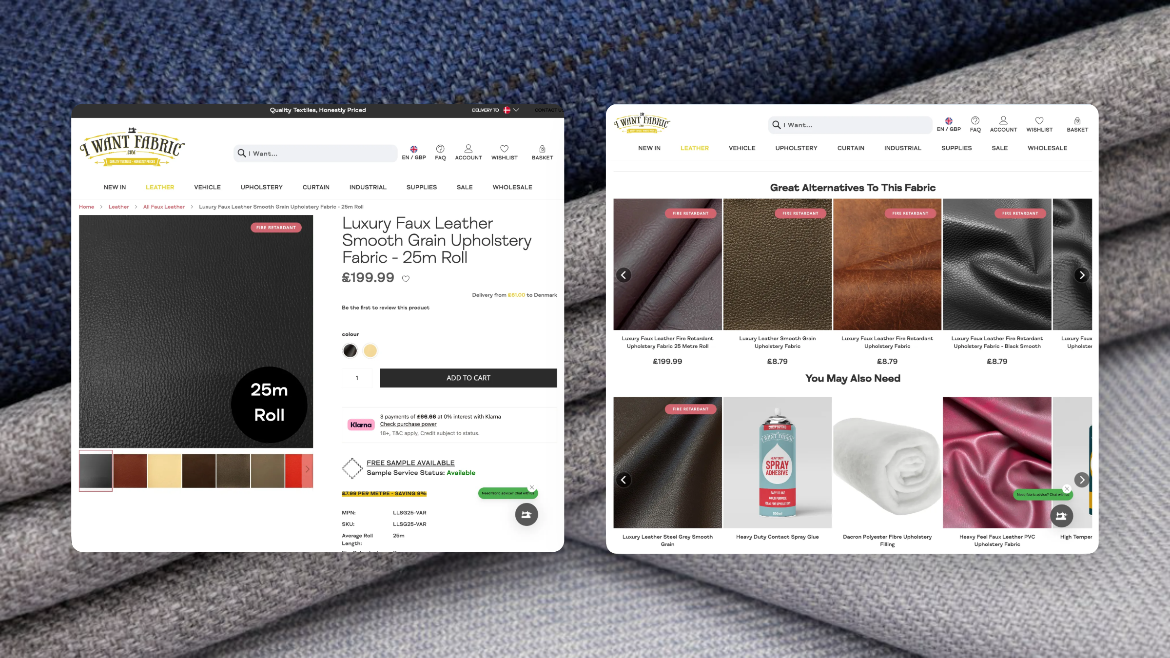 Alternative fabrics and related products recommended on an I Want Fabric product page