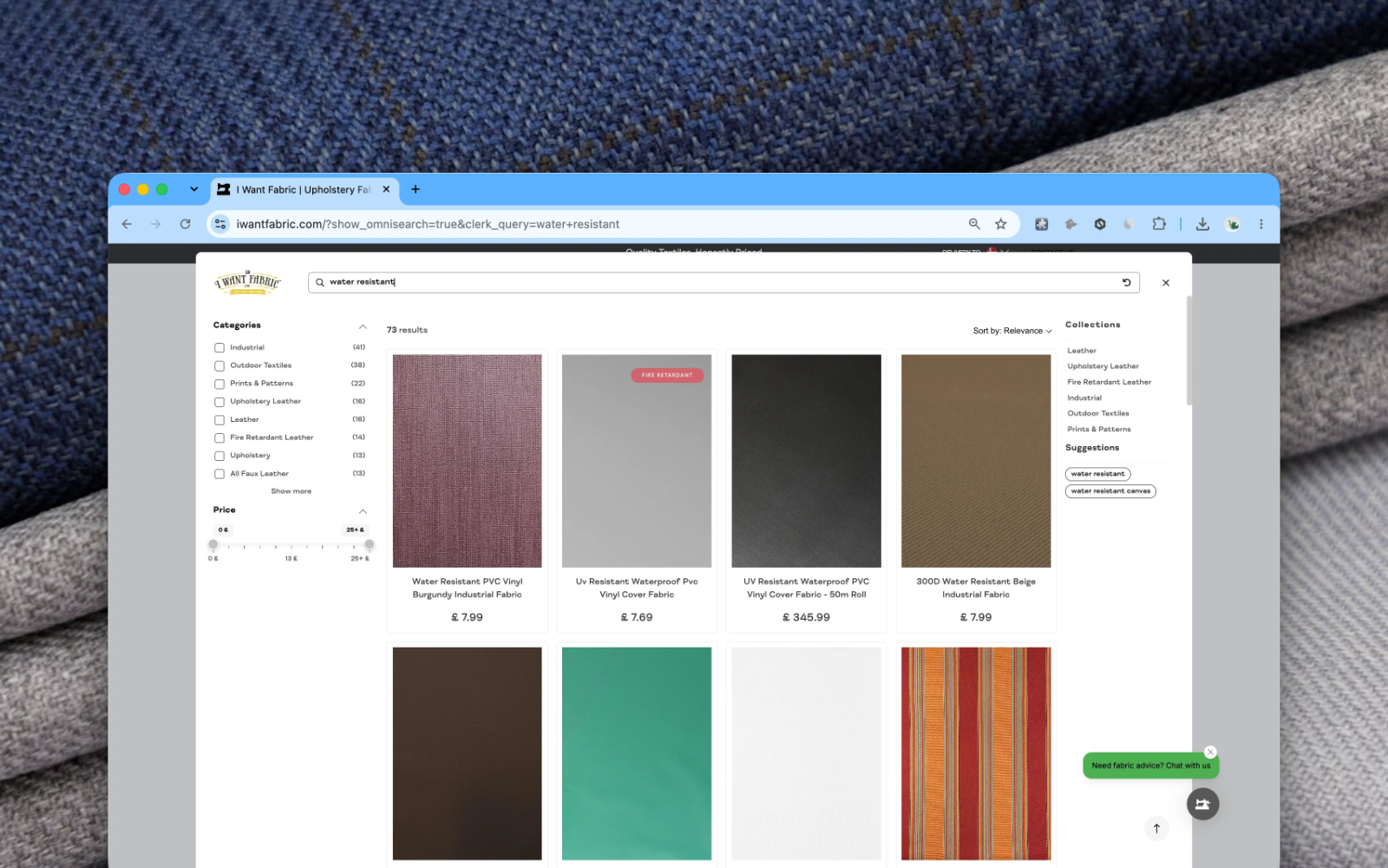 I Want Fabric Search results for water-resistant materials