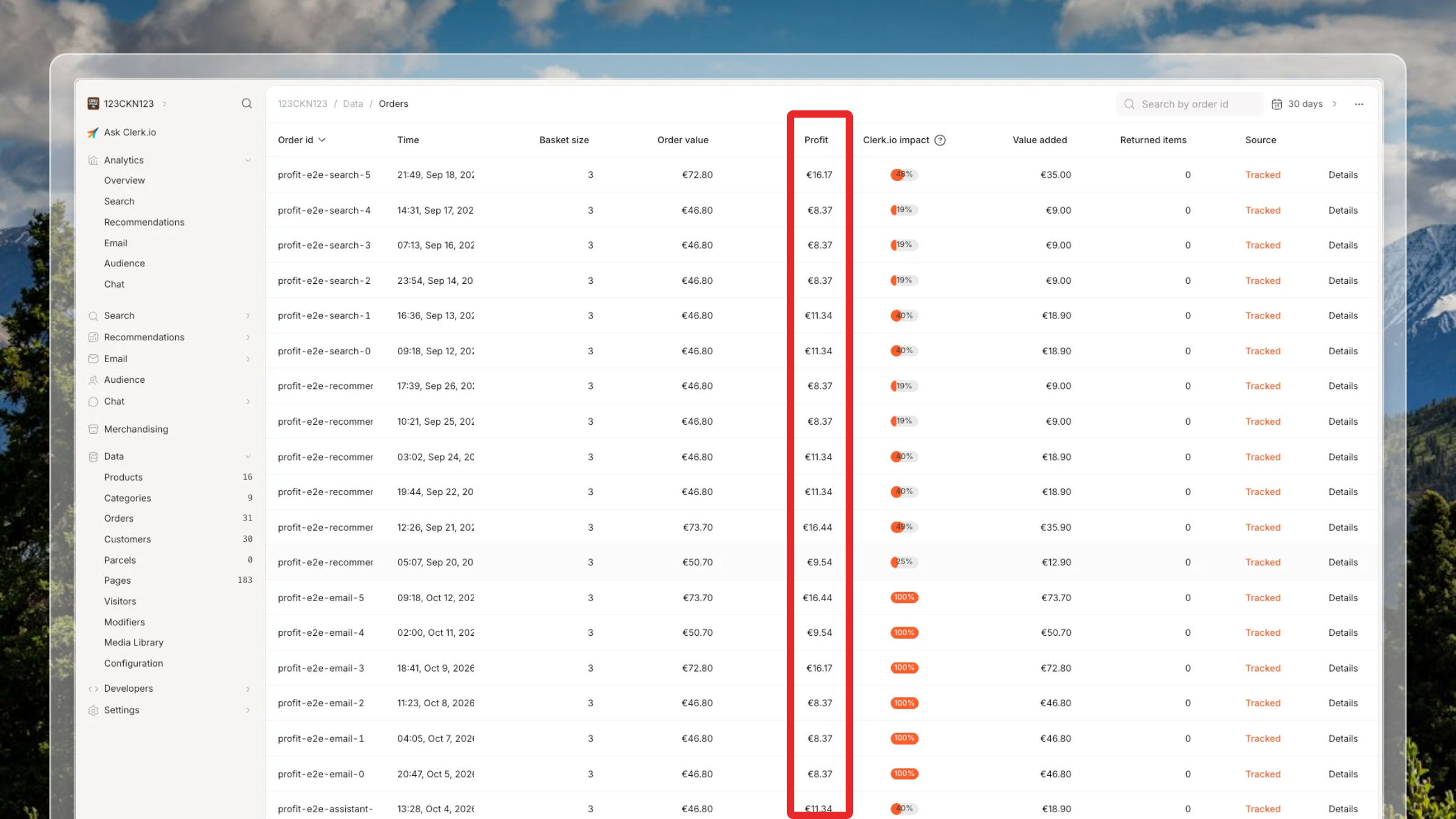 Profit column in the Clerk.io orders overview
