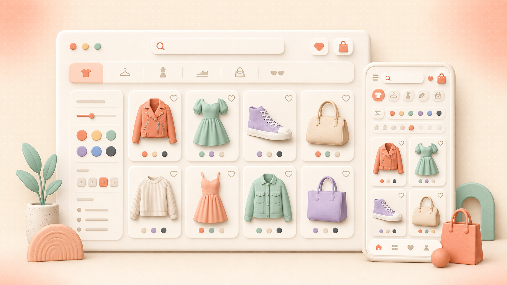 Desktop and mobile fashion storefronts with search, filters, product cards, color choices, wishlists, and a shopping bag