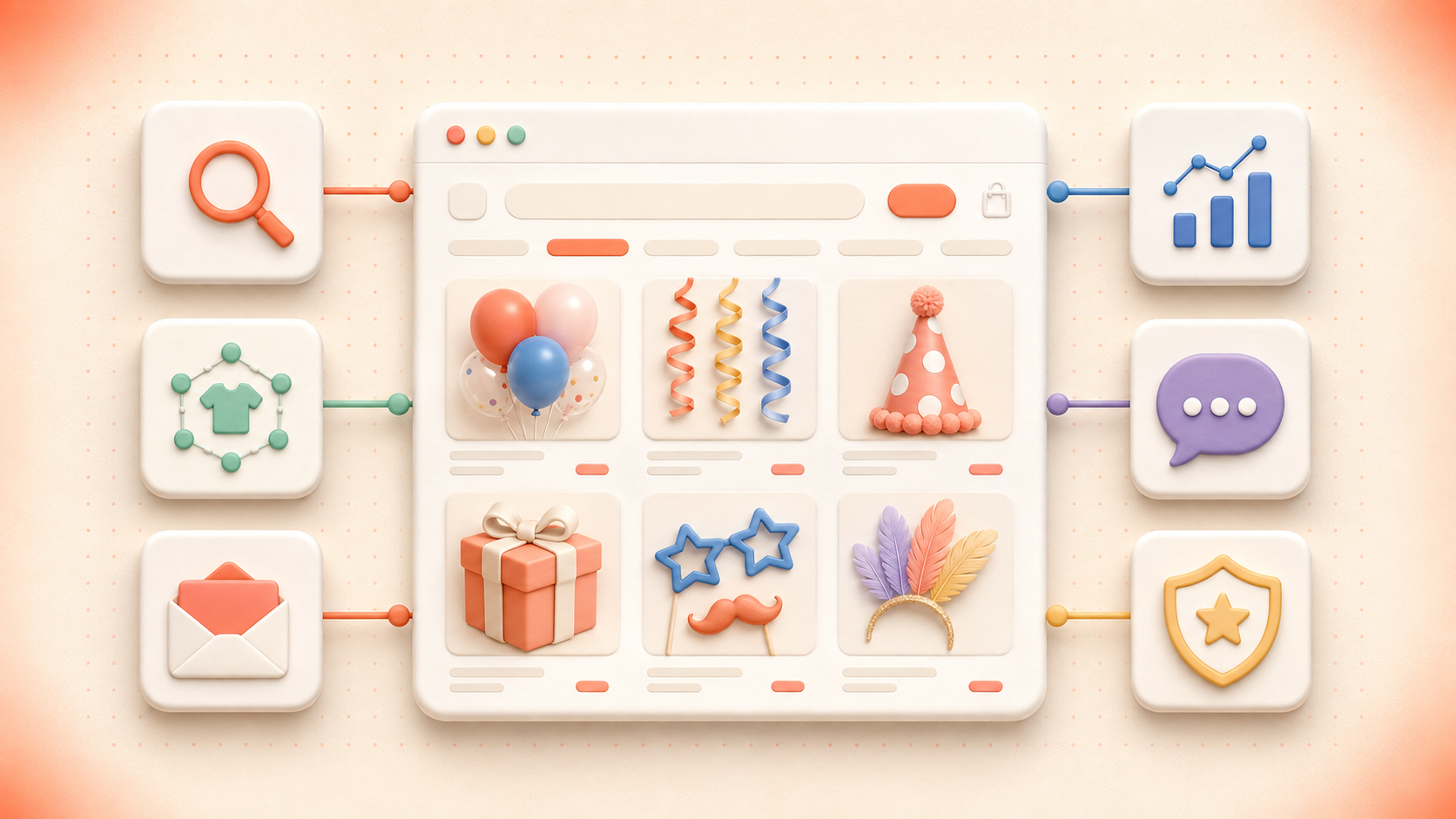 A Shopify party-supplies storefront connected to search, recommendations, email, analytics, chat, and trust tools