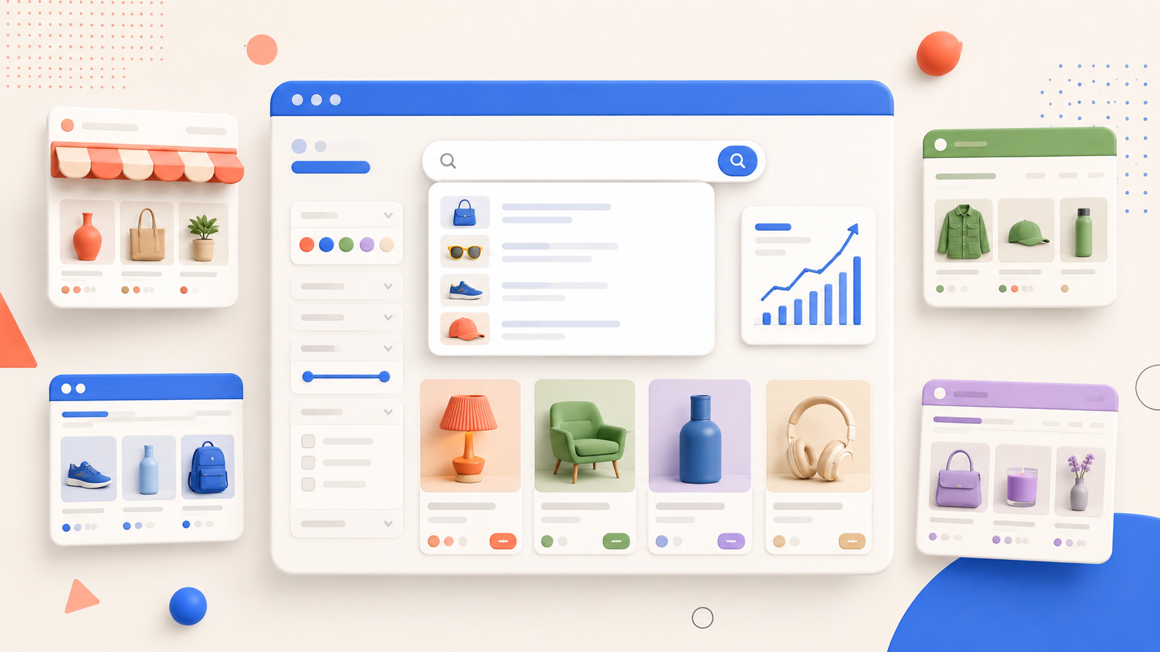 Several online storefronts connected to an advanced ecommerce search interface and a rising sales chart