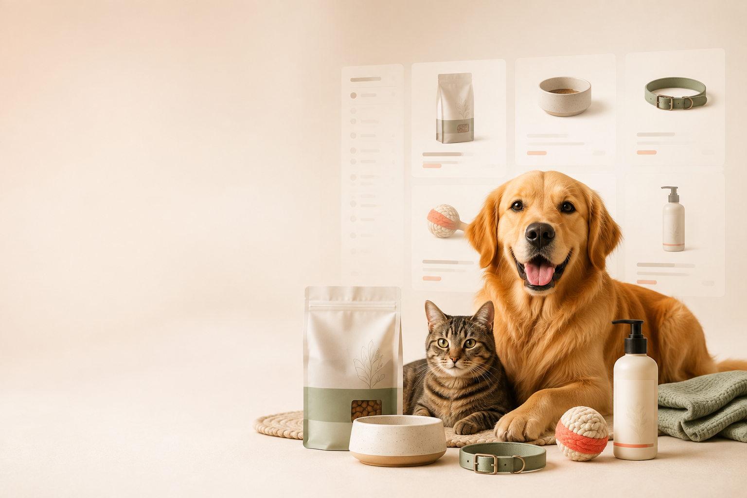 Dog and cat surrounded by a personalised pet supplies product selection