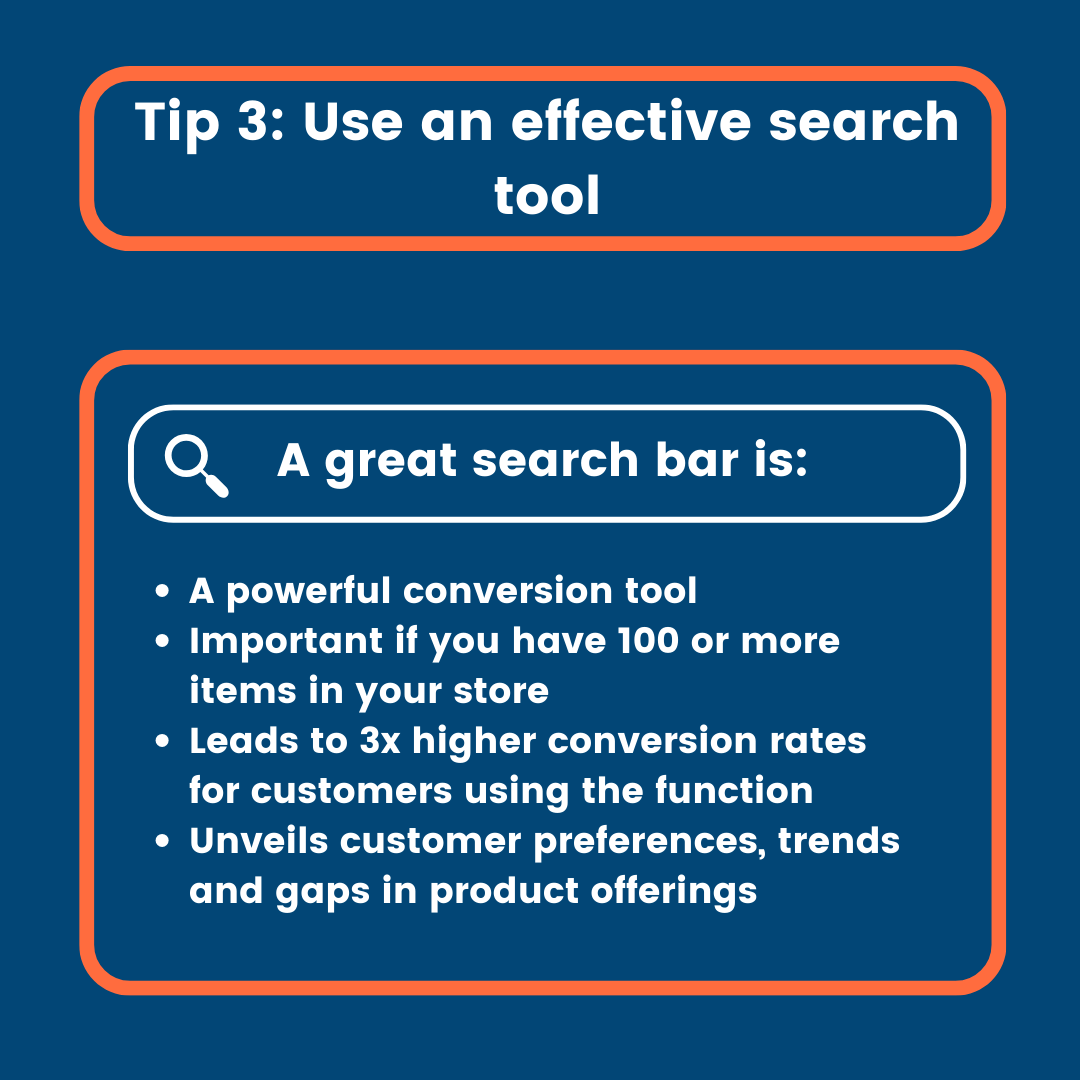 Infographic telling why a search tool is so effective for e-commerce on a blue background with orange accents and white writing