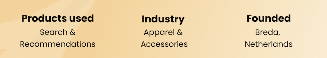 Image with the copy "Products used: Search and Recommendations," "Industry: Apparel and Accessories,"and "Founded: Breda, Netherlands"