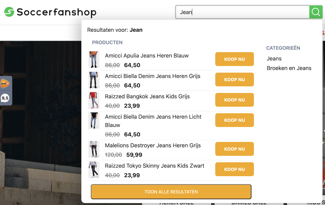 Soccerfanshop website's search
