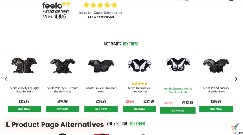 6 american football shoulder pads displayed on a website page with a white background and green accents.