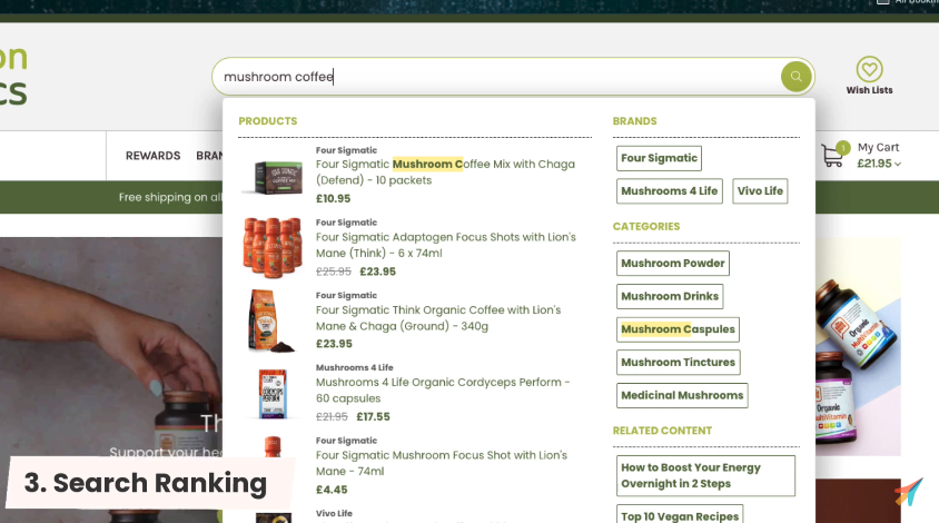 A search bar on a website displaying mushroom coffee