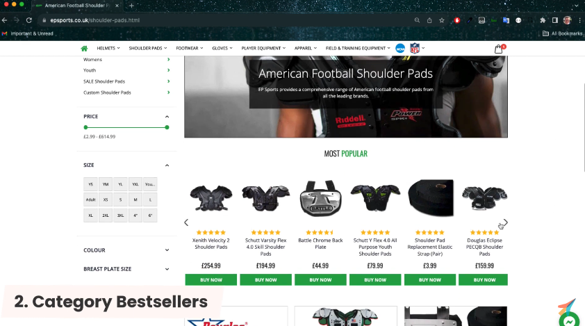 6 american football shoulder pads next to each other horizontally on a white background with black writing and green CTA buttons